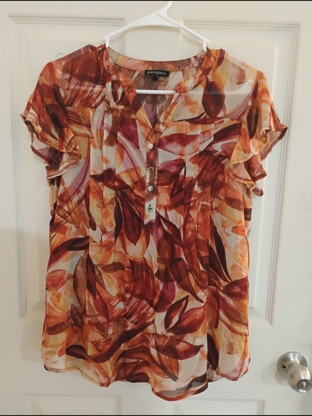 Ava & Grace Burgundy, Orange and Cream Leaf-Print Ruffle Sleeve Blouse